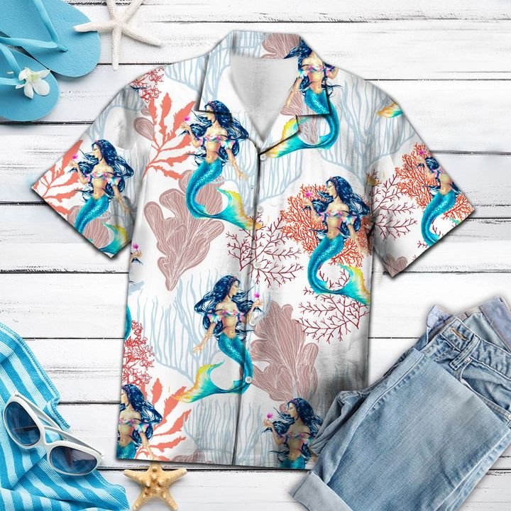 Mermaid Coral Pattern Hawaiian Shirt Summer Button Up Mermaid Coral Pattern Hawaiian Shirt Summer Button Up