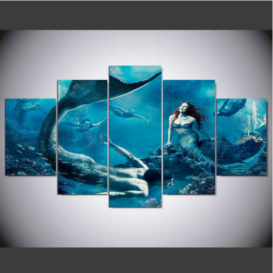 Mermaid Male Female Blue Sea - Movie 5 Panel Canvas Art Wall Decor Mermaid Male Female Blue Sea - Movie 5 Panel Canvas Art Wall Decor