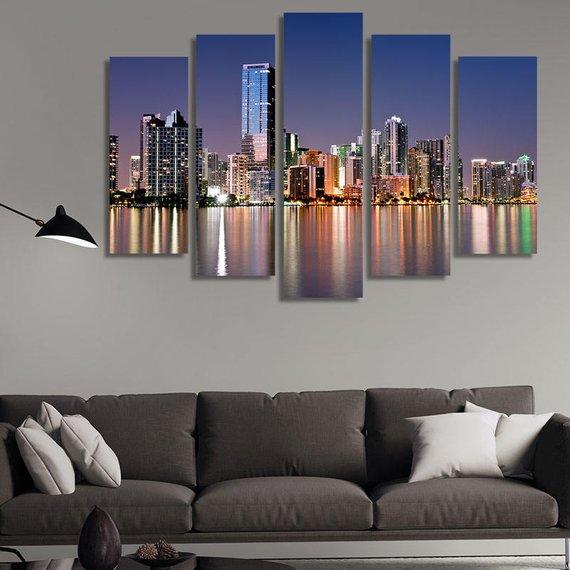 Miami Skyline At Night - Nature 5 Panel Canvas Art Wall Decor Miami Skyline At Night - Nature 5 Panel Canvas Art Wall Decor