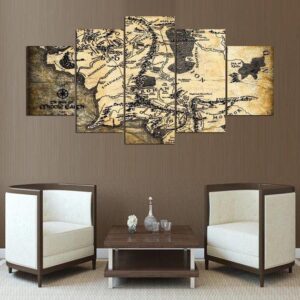 Middle Earth Map Rustic Lotr - Movie 5 Panel Canvas Art Wall Decor
