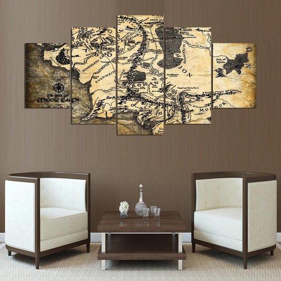 Middle Earth Map Rustic Lotr - Movie 5 Panel Canvas Art Wall Decor Middle Earth Map Rustic Lotr - Movie 5 Panel Canvas Art Wall Decor