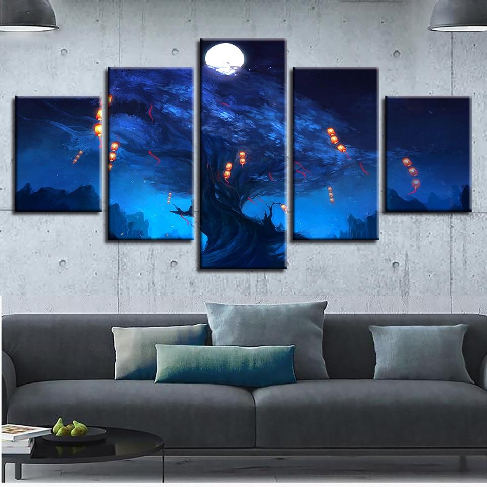 Moon And Lanterns Hang From The Tree Night - Nature 5 Panel Canvas Art Wall Decor Moon And Lanterns Hang From The Tree Night - Nature 5 Panel Canvas Art Wall Decor