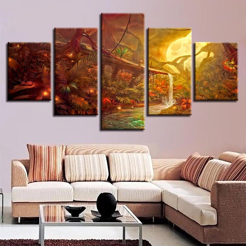 Moon Fireflies Tree - Nature 5 Panel Canvas Art Wall Decor Moon Fireflies Tree - Nature 5 Panel Canvas Art Wall Decor