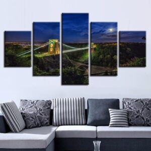 Moon Mountain Bridge Night - Nature 5 Panel Canvas Art Wall Decor