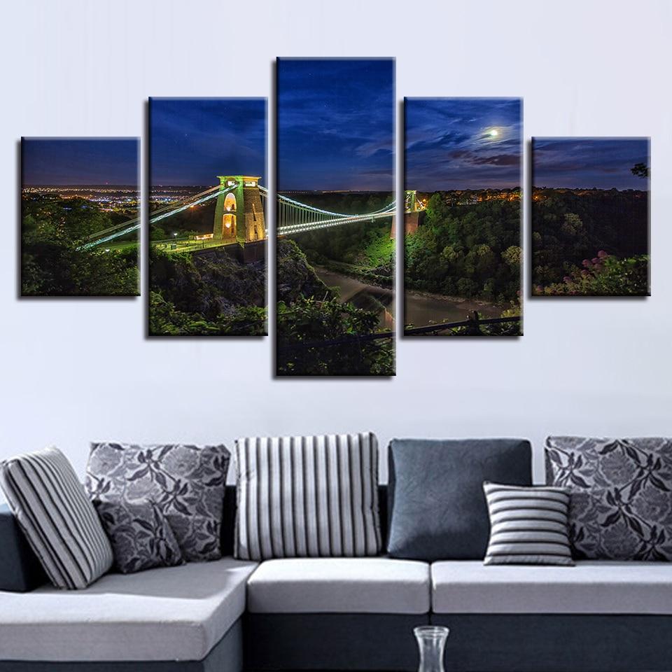 Moon Mountain Bridge Night - Nature 5 Panel Canvas Art Wall Decor Moon Mountain Bridge Night - Nature 5 Panel Canvas Art Wall Decor