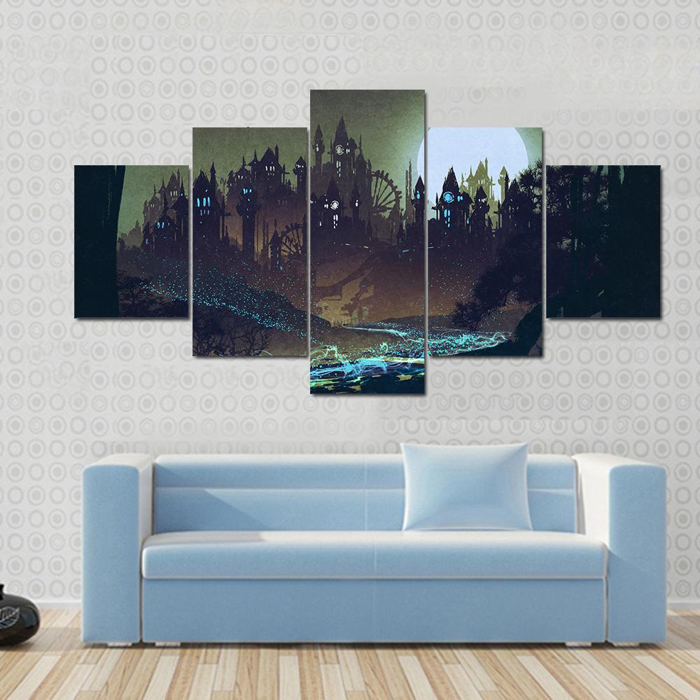 Moon Over Castle Illustration - Nature 5 Panel Canvas Art Wall Decor Moon Over Castle Illustration - Nature 5 Panel Canvas Art Wall Decor