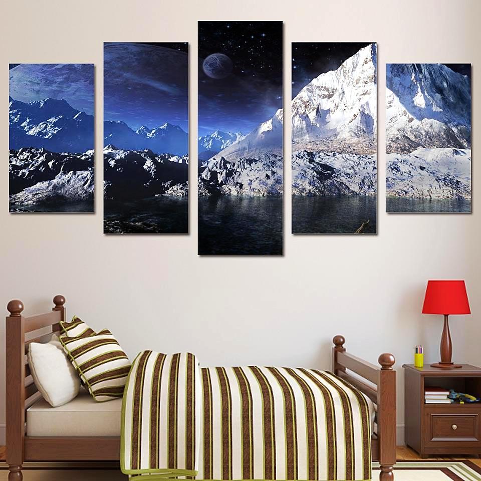 Moon Scenery Snow Mountain Lake - Space Universe 5 Panel Canvas Art Wall Decor Moon Scenery Snow Mountain Lake - Space Universe 5 Panel Canvas Art Wall Decor
