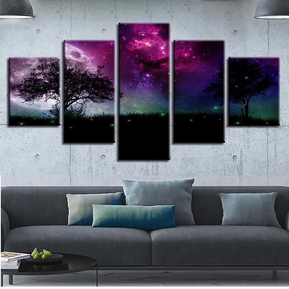 Moon Tree Night View 1 - Nature 5 Panel Canvas Art Wall Decor Moon Tree Night View 1 - Nature 5 Panel Canvas Art Wall Decor