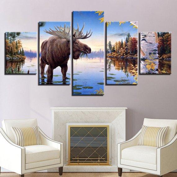 Moose Lake 01 - Animal 5 Panel Canvas Art Wall Decor Moose Lake 01 - Animal 5 Panel Canvas Art Wall Decor