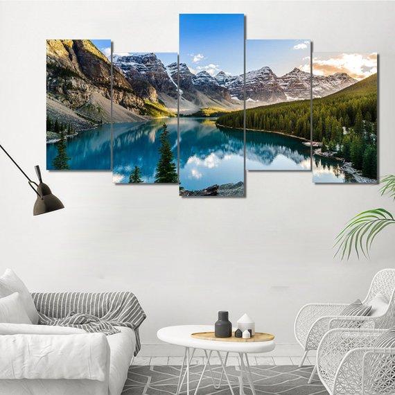 Moraine Lake 2 - Nature 5 Panel Canvas Art Wall Decor Moraine Lake 2 - Nature 5 Panel Canvas Art Wall Decor