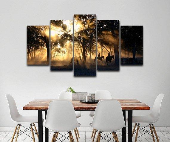 Morning Horse Ride - Animal 5 Panel Canvas Art Wall Decor Morning Horse Ride - Animal 5 Panel Canvas Art Wall Decor