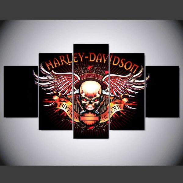 Motorcycle Tank Skull Wings Logo Bar And Shield - Abstract 5 Panel Canvas Art Wall Decor Motorcycle Tank Skull Wings Logo Bar And Shield - Abstract 5 Panel Canvas Art Wall Decor
