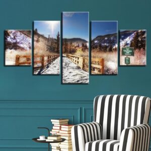 Mountain And Bridge Sunshine 1 - Nature 5 Panel Canvas Art Wall Decor