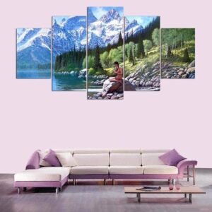 Mountain And Native Girl - Nature 5 Panel Canvas Art Wall Decor
