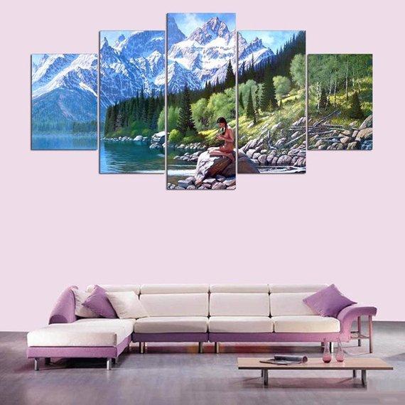 Mountain And Native Girl - Nature 5 Panel Canvas Art Wall Decor Mountain And Native Girl - Nature 5 Panel Canvas Art Wall Decor