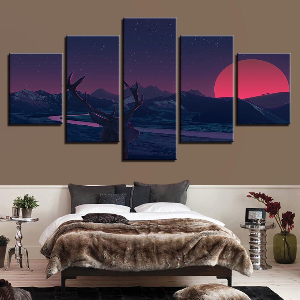 Mountain And Red Moon - Nature 5 Panel Canvas Art Wall Decor Mountain And Red Moon - Nature 5 Panel Canvas Art Wall Decor