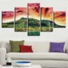 Mountain And Sunshine Through Clouds Landscape - Nature 5 Panel Canvas Art Wall Decor