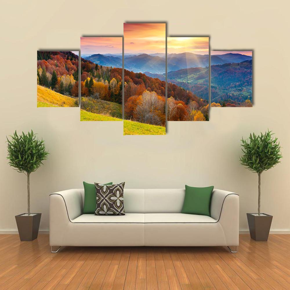 Mountain Autumn Landscape With Colorful Forest - Nature 5 Panel Canvas Art Wall Decor Mountain Autumn Landscape With Colorful Forest - Nature 5 Panel Canvas Art Wall Decor