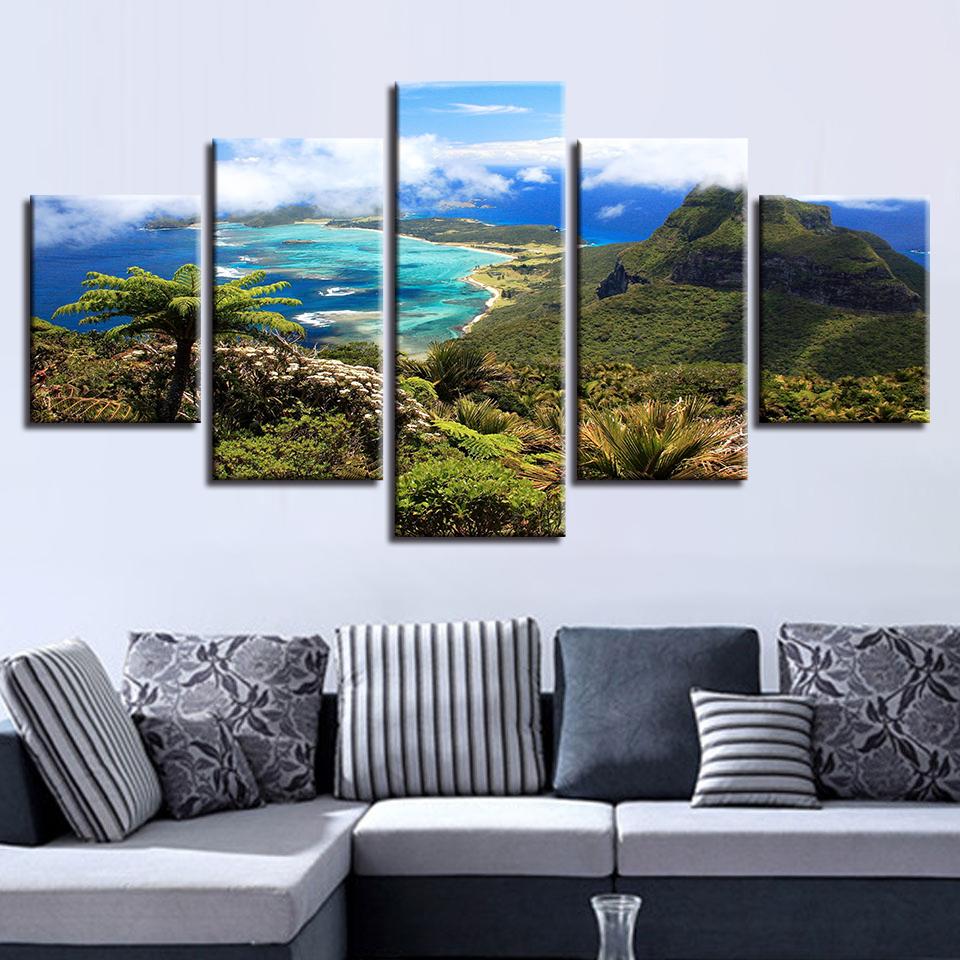 Mountain Beach And Blue Sky White Cloud 1 - Nature 5 Panel Canvas Art Wall Decor Mountain Beach And Blue Sky White Cloud 1 - Nature 5 Panel Canvas Art Wall Decor