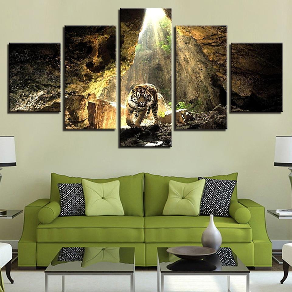 Mountain Cave Sunshine Tiger - Animal 5 Panel Canvas Art Wall Decor Mountain Cave Sunshine Tiger - Animal 5 Panel Canvas Art Wall Decor