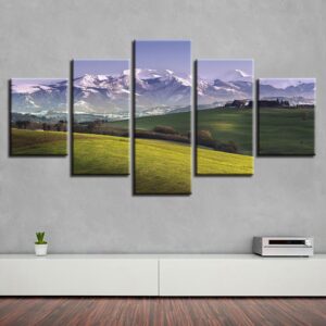 Mountain Green Grass Field - Nature 5 Panel Canvas Art Wall Decor