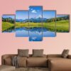 Mountain Lake And Fresh Green Mountain - Nature 5 Panel Canvas Art Wall Decor