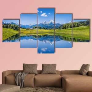 Mountain Lake And Fresh Green Mountain - Nature 5 Panel Canvas Art Wall Decor