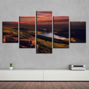 Mountain Lake And Red Sky Sunset 1 - Nature 5 Panel Canvas Art Wall Decor