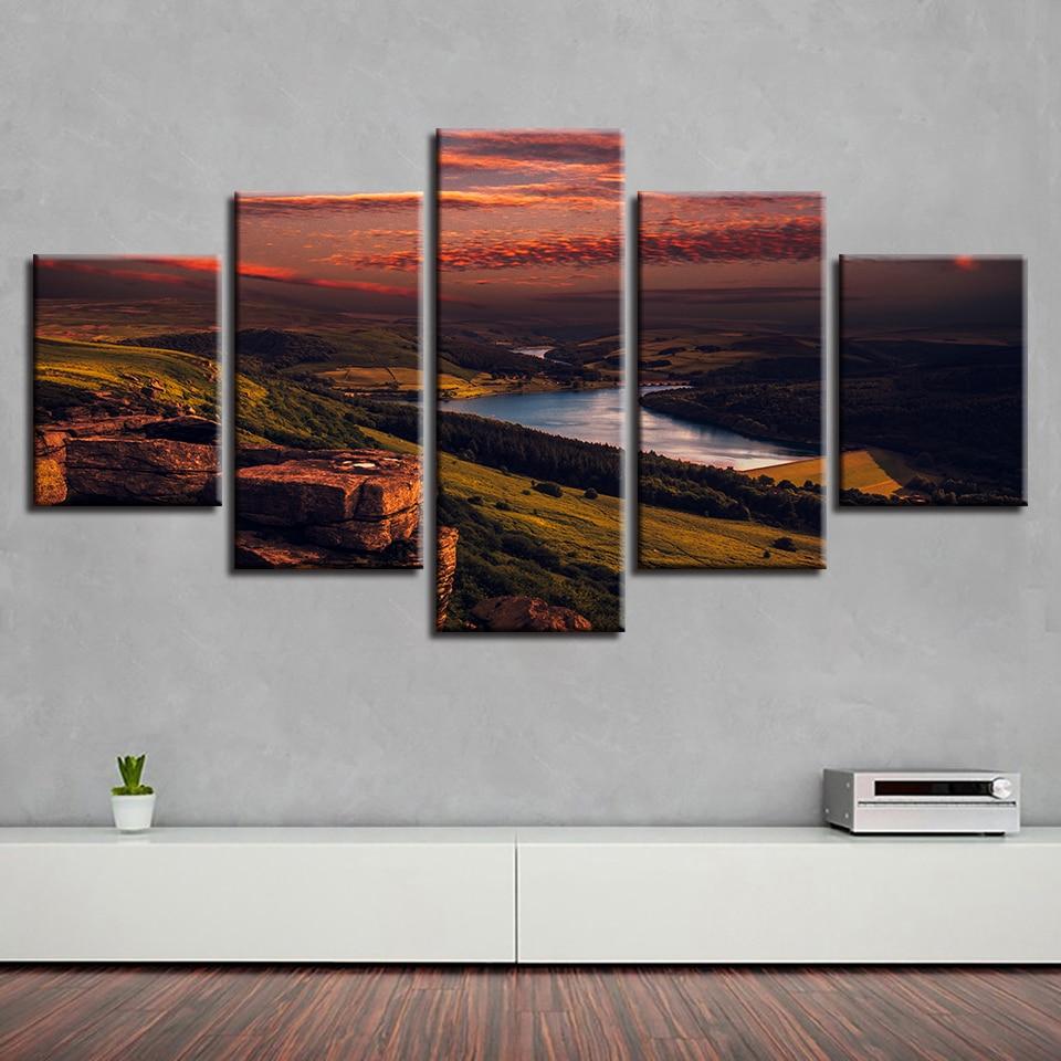 Mountain Lake And Red Sky Sunset 1 - Nature 5 Panel Canvas Art Wall Decor Mountain Lake And Red Sky Sunset 1 - Nature 5 Panel Canvas Art Wall Decor