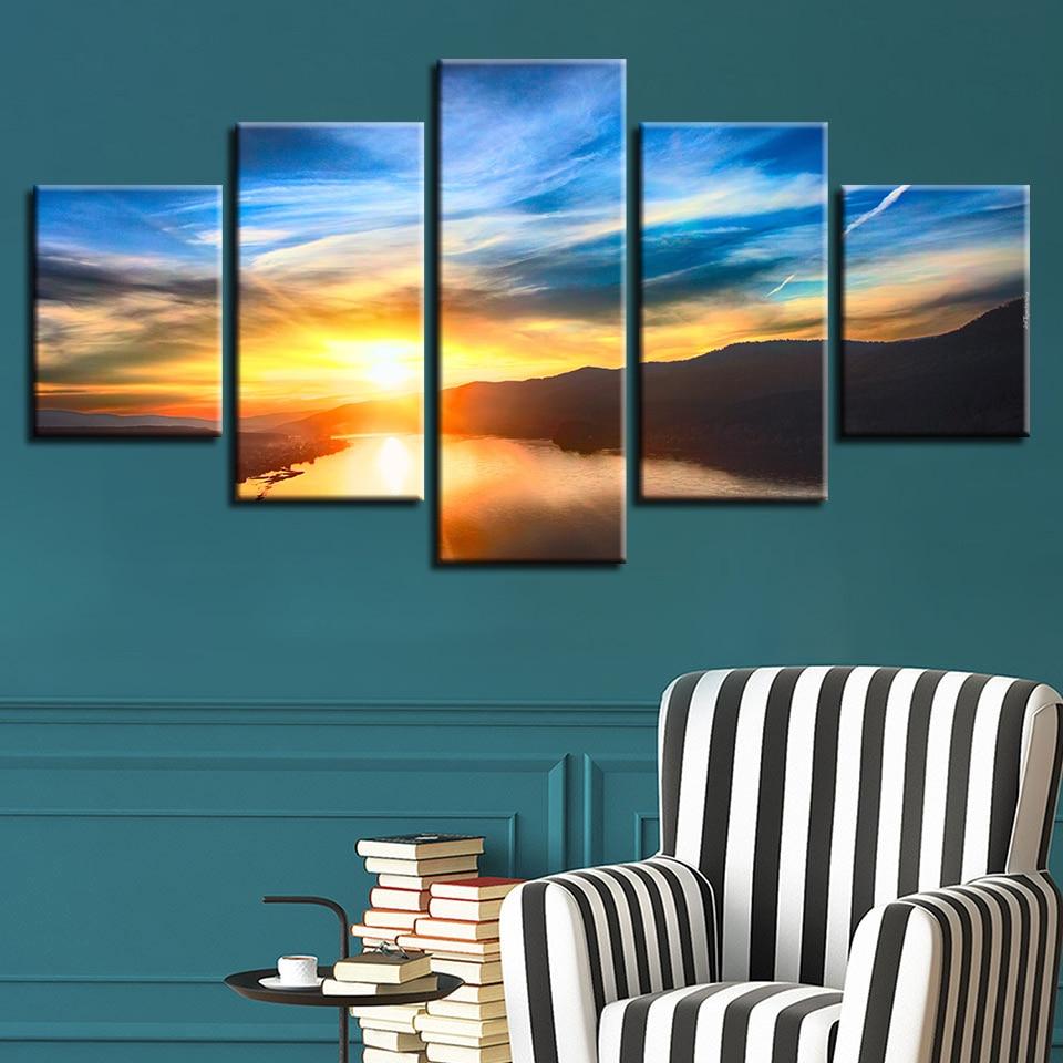 Mountain Lake Blue Sky White Cloud 1 - Nature 5 Panel Canvas Art Wall Decor Mountain Lake Blue Sky White Cloud 1 - Nature 5 Panel Canvas Art Wall Decor