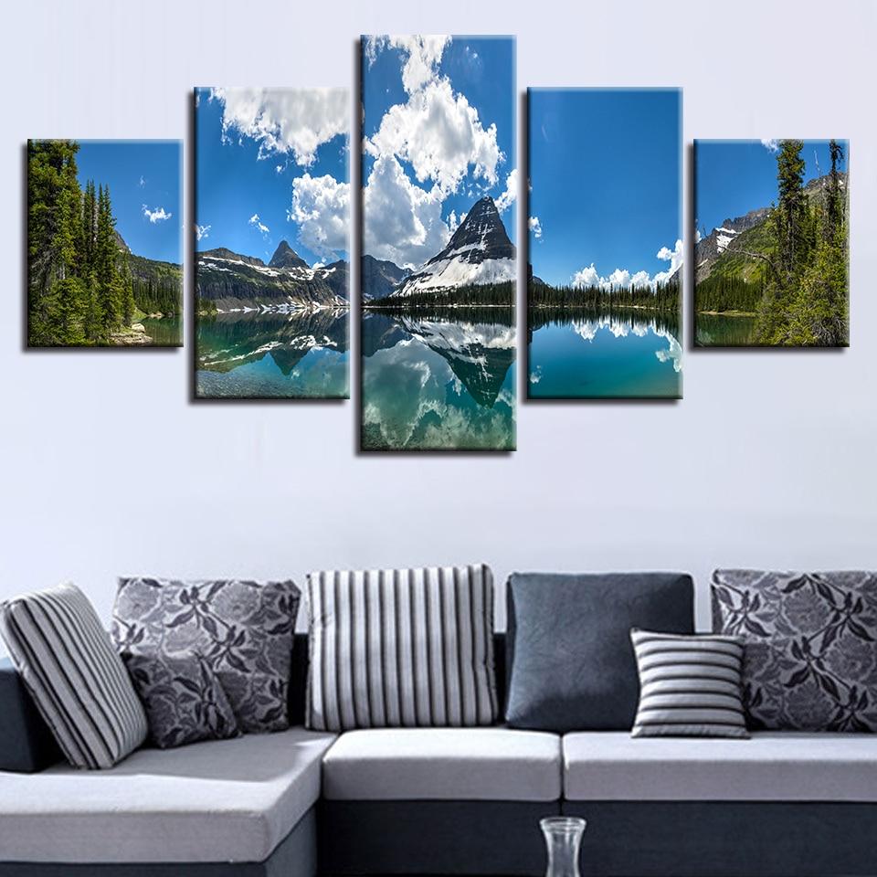 Mountain Lake Blue Sky White Cloud - Nature 5 Panel Canvas Art Wall Decor Mountain Lake Blue Sky White Cloud - Nature 5 Panel Canvas Art Wall Decor