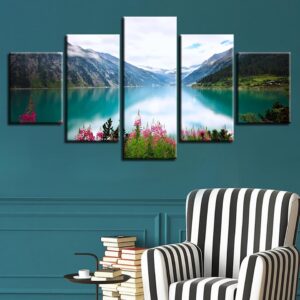 Mountain Lake Flower - Nature 5 Panel Canvas Art Wall Decor