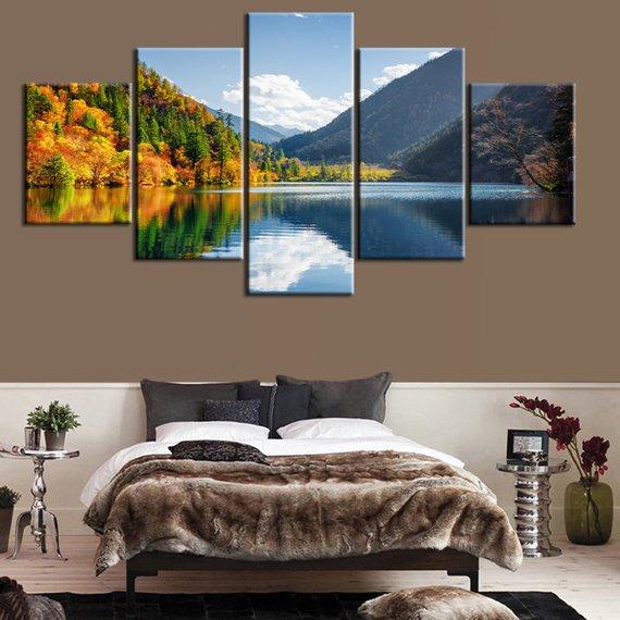Mountain Lake Landscape 1 - Nature 5 Panel Canvas Art Wall Decor Mountain Lake Landscape 1 - Nature 5 Panel Canvas Art Wall Decor