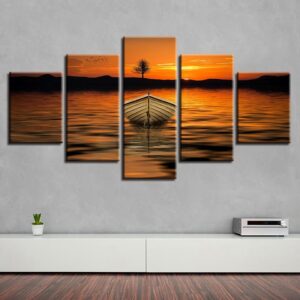 Mountain Lake Ship Tree - Nature 5 Panel Canvas Art Wall Decor