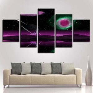 Mountain Lake Starry Sky Night - Nature 5 Panel Canvas Art Wall Decor