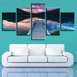 Mountain Lake Woods Bridge - Nature 5 Panel Canvas Art Wall Decor