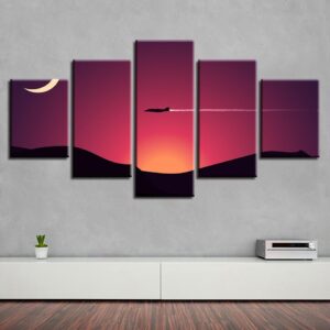 Mountain Moon And Aircraft Sunset - Nature 5 Panel Canvas Art Wall Decor