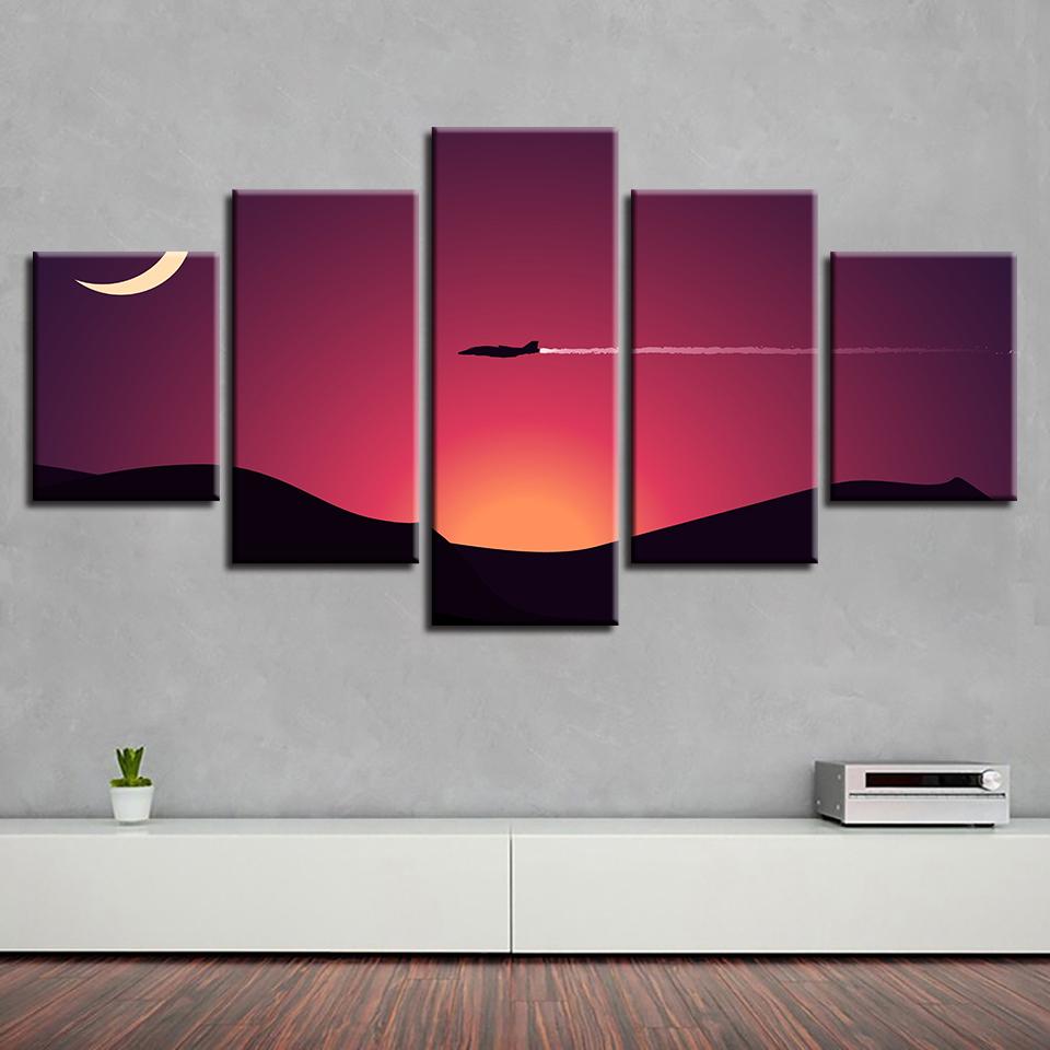 Mountain Moon And Aircraft Sunset - Nature 5 Panel Canvas Art Wall Decor Mountain Moon And Aircraft Sunset - Nature 5 Panel Canvas Art Wall Decor