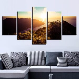 Mountain River Sunset 2 - Nature 5 Panel Canvas Art Wall Decor