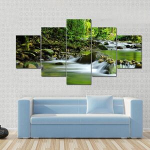 Mountain Stream In A Tropical Rain Forest - Nature 5 Panel Canvas Art Wall Decor