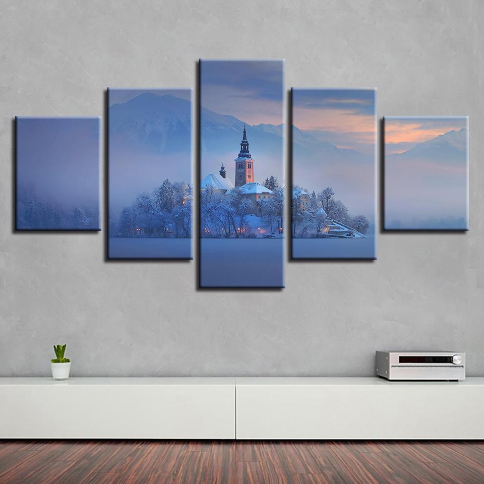 Mountain Tree Building 1 - Nature 5 Panel Canvas Art Wall Decor Mountain Tree Building 1 - Nature 5 Panel Canvas Art Wall Decor