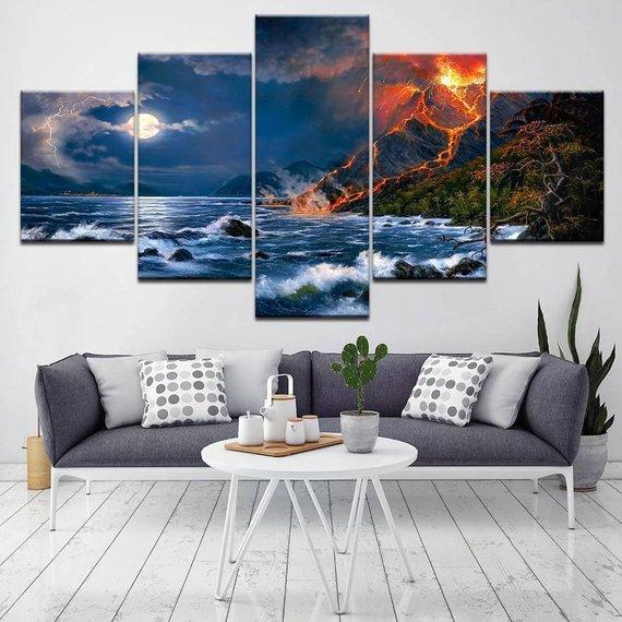 Mountain Volcano Ocean - Nature 5 Panel Canvas Art Wall Decor Mountain Volcano Ocean - Nature 5 Panel Canvas Art Wall Decor