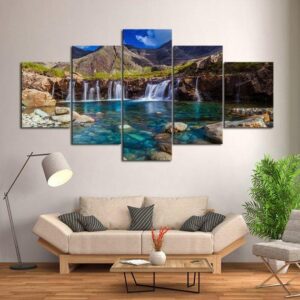 Mountain Waterfall 01 - Nature 5 Panel Canvas Art Wall Decor