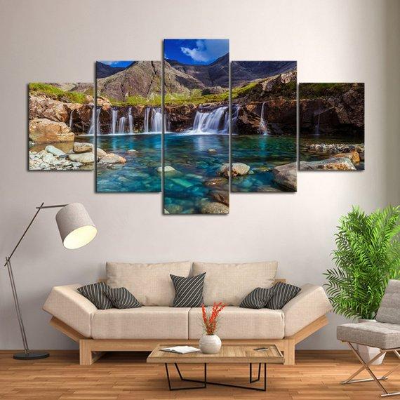 Mountain Waterfall 01 - Nature 5 Panel Canvas Art Wall Decor Mountain Waterfall 01 - Nature 5 Panel Canvas Art Wall Decor