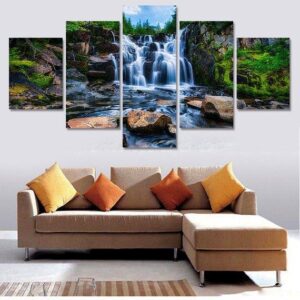 Mountain Waterfall 04 - Nature 5 Panel Canvas Art Wall Decor