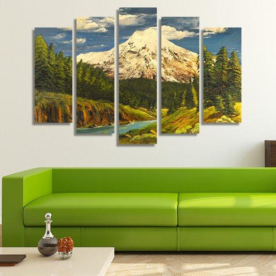Mountain With Snow Oil - Nature 5 Panel Canvas Art Wall Decor Mountain With Snow Oil - Nature 5 Panel Canvas Art Wall Decor
