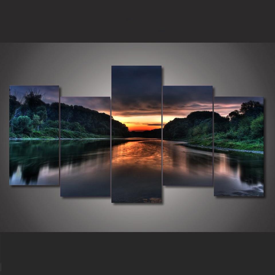 Mountains Lake Sunset - Nature 5 Panel Canvas Art Wall Decor Mountains Lake Sunset - Nature 5 Panel Canvas Art Wall Decor