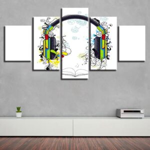 Music Color Earphone - Music 5 Panel Canvas Art Wall Decor