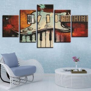 Musical Instruments Vintage Guitar And Piano Keys Music - Abstract 5 Panel Canvas Art Wall Decor
