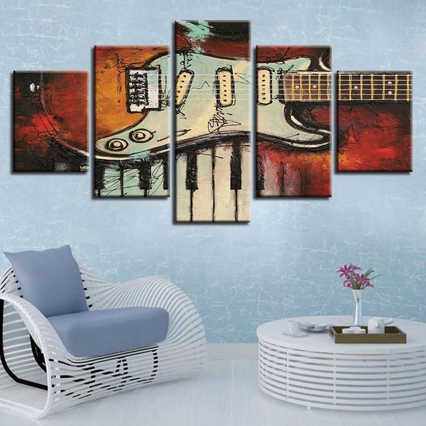 Musical Instruments Vintage Guitar And Piano Keys Music - Abstract 5 Panel Canvas Art Wall Decor Musical Instruments Vintage Guitar And Piano Keys Music - Abstract 5 Panel Canvas Art Wall Decor